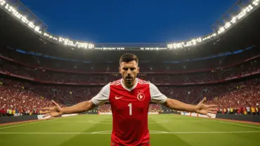 Turkish soccer player in red kit stands determined under stadium lights before World Cup match