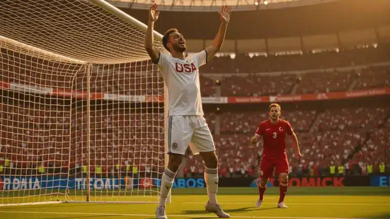 USA striker celebrates scoring against Turkey in dramatic World Cup 2026 match at packed stadium