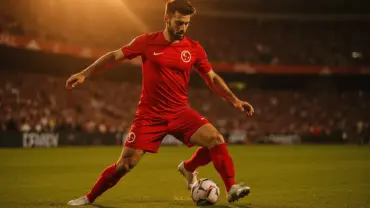 Turkish soccer player shooting during World Cup match under stadium lights