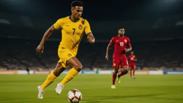 Colombia player in yellow jersey dribbling past DR Congo defenders during night World Cup match