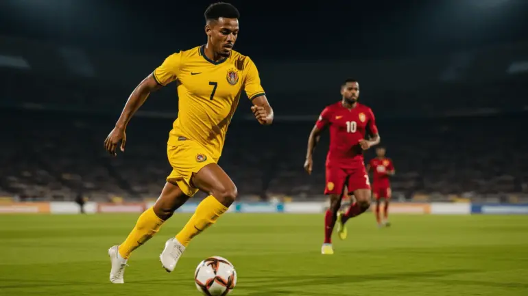 Colombia player in yellow jersey dribbling past DR Congo defenders during night World Cup match