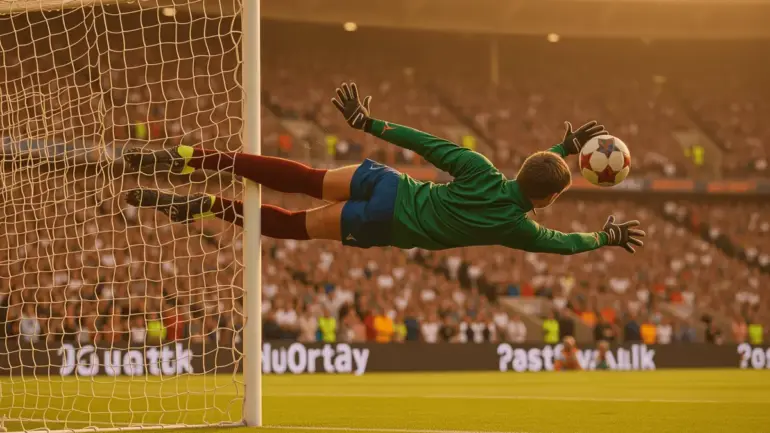Goalkeeper making crucial save during intense World Cup qualifier soccer match with packed stadium