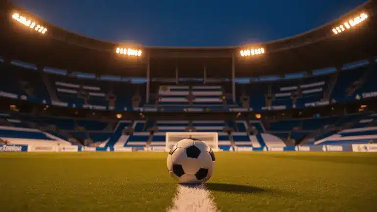 Soccer stadium in Miami lit up at twilight before Uruguay vs Cape Verde World Cup match