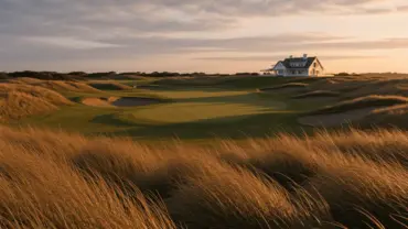 Shinnecock Hills golf course with windswept fescue and challenging bunkers at golden hour