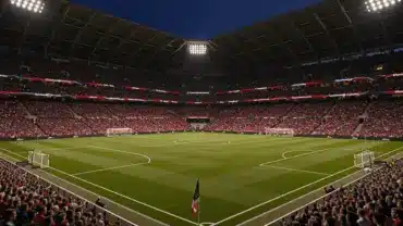 Lumen Field stadium illuminated at night before USA vs Australia World Cup match