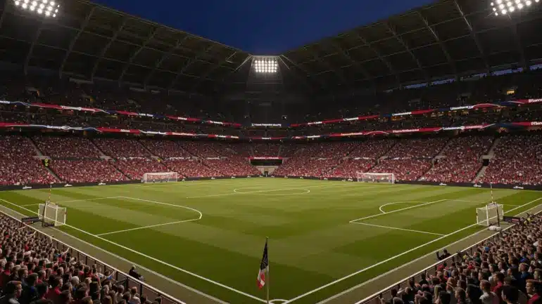 Lumen Field stadium illuminated at night before USA vs Australia World Cup match
