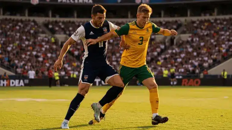 USA vs Australia soccer action at packed stadium during World Cup 2026 qualifier match