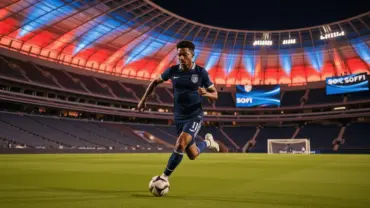 USA soccer player attacking at SoFi Stadium during World Cup 2026 match under illuminated roof
