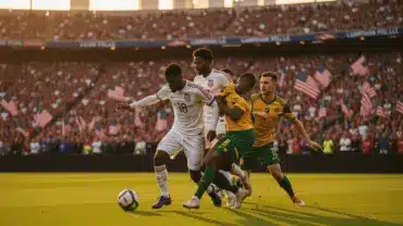USA vs Australia World Cup soccer match at Lumen Field with packed crowd and intense on-field action