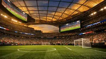SoFi Stadium interior during soccer match with dramatic lighting and packed crowd