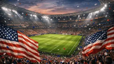 Packed stadium with American flags ready for USA World Cup match under floodlights