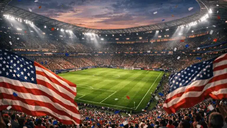 Packed stadium with American flags ready for USA World Cup match under floodlights