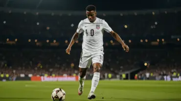 USA soccer player preparing to score during nighttime World Cup match at stadium