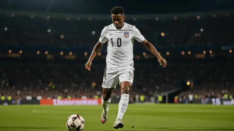 USA soccer player preparing to score during nighttime World Cup match at stadium