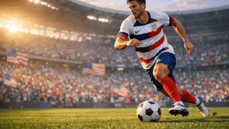 USMNT player in action during World Cup 2026 Group D match with American fans in stadium background