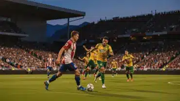USA vs Australia soccer match action in packed stadium with dramatic evening lighting