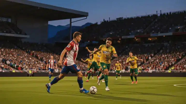 USA vs Australia soccer match action in packed stadium with dramatic evening lighting