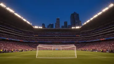 Lumen Field soccer stadium in Seattle illuminated at dusk for international World Cup match