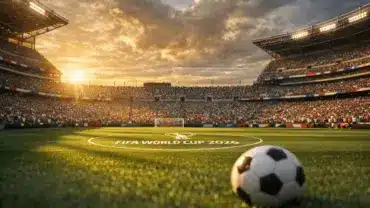 World Cup 2026 stadium filled with fans in anticipation of USMNT match during golden hour