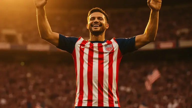 USA soccer player celebrating World Cup victory in national team uniform at packed stadium