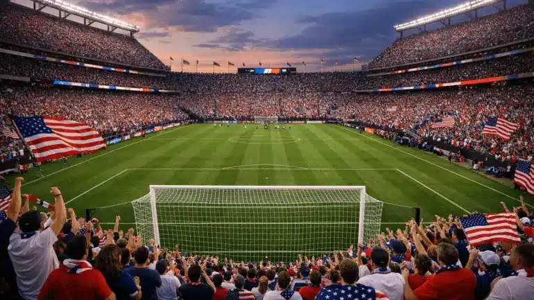 Packed American soccer stadium with fans in red white and blue during World Cup match