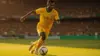 Brazilian soccer player in yellow jersey dribbling during intense World Cup match action