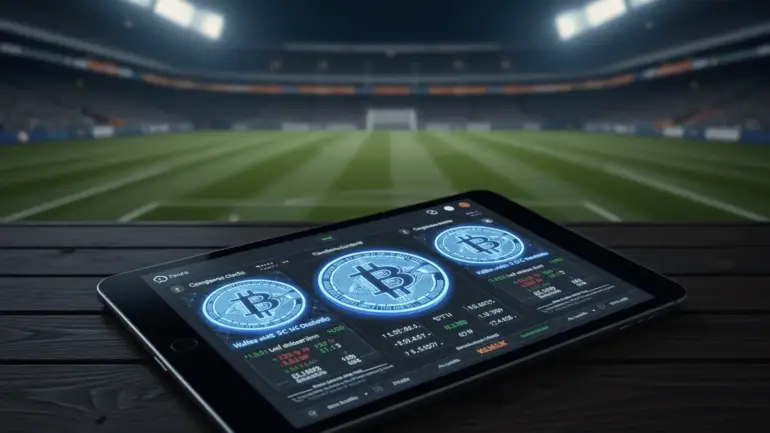 Cryptocurrency wallet displaying blockchain betting transaction with soccer stadium in background