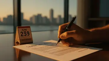 Basketball player's hand with pen over NBA contract beside June 29 calendar with Miami skyline background
