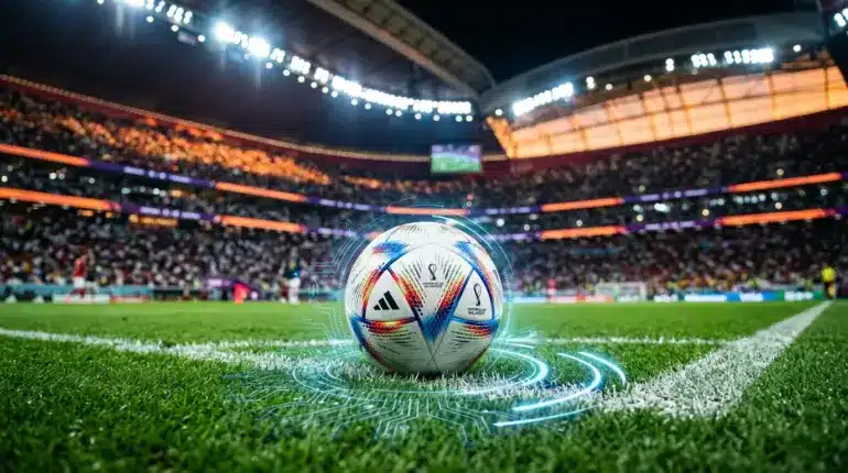 World Cup soccer ball with technology overlay on stadium field representing AI betting data systems