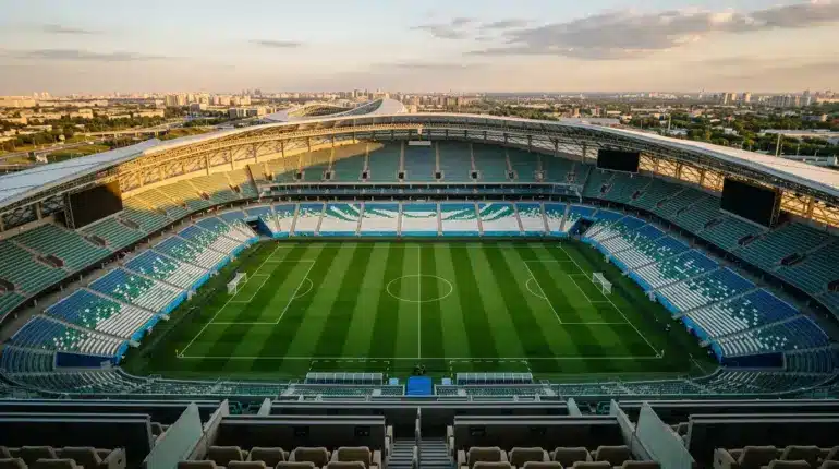 Aerial view of empty World Cup stadium at golden hour showing strategic field layout