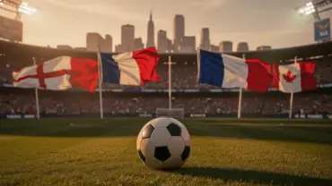 Soccer stadium with England and France flags before World Cup 2026 match with dramatic lighting
