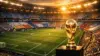 FIFA World Cup trophy displayed at international football stadium with dramatic lighting