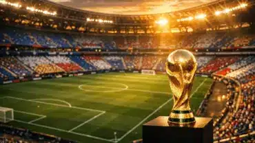 FIFA World Cup trophy displayed at international football stadium with dramatic lighting