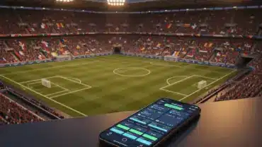 World Cup 2026 stadium with smartphone displaying sports betting odds and match fixtures