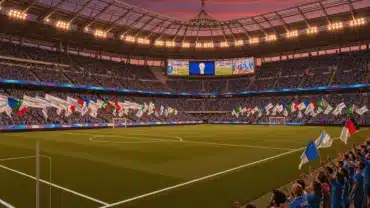 Packed World Cup 2026 stadium with international fans during tournament match day