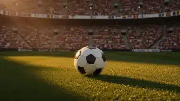 Soccer ball on stadium pitch with international flags at World Cup tournament golden hour