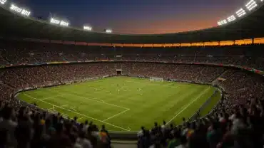 Illuminated World Cup soccer stadium at twilight with packed crowd and vibrant atmosphere