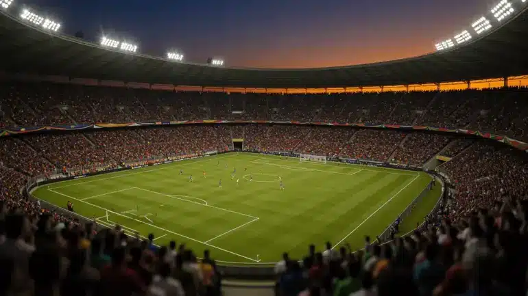 Illuminated World Cup soccer stadium at twilight with packed crowd and vibrant atmosphere