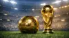 Golden soccer ball and FIFA World Cup trophy on grass under stadium lights with blurred arena background