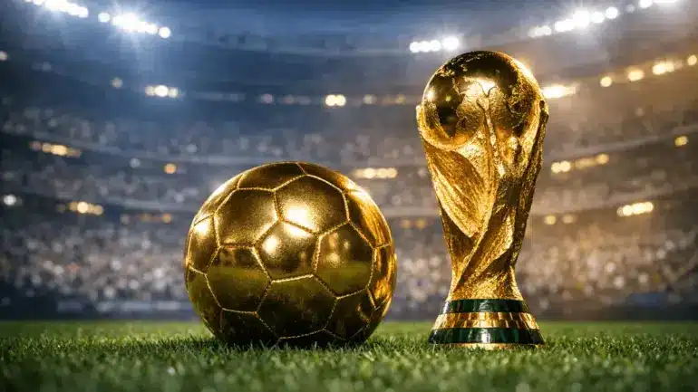 Golden soccer ball and FIFA World Cup trophy on grass under stadium lights with blurred arena background