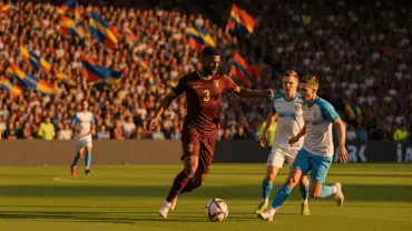 FIFA World Cup match action with striker attacking goal against defending players in packed stadium