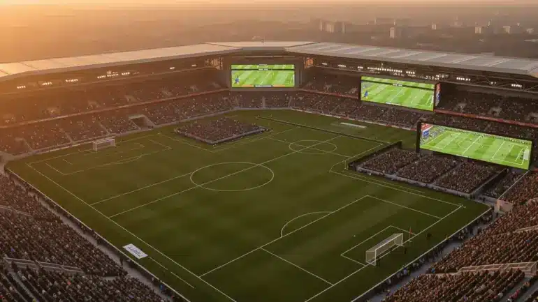 Modern soccer stadium at golden hour with illuminated pitch for World Cup 2026 betting coverage