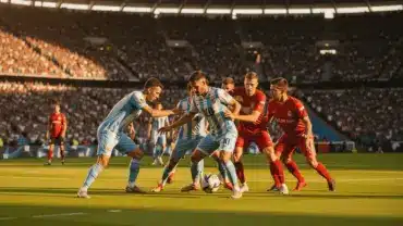 Argentina defending against Austria attack in 2026 World Cup match at packed stadium