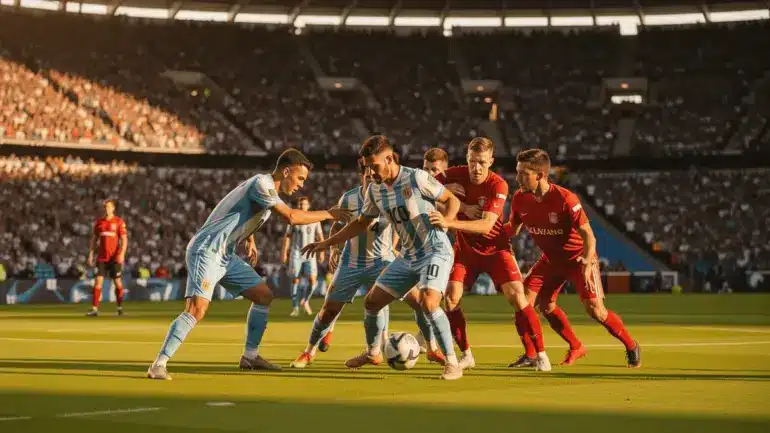 Argentina defending against Austria attack in 2026 World Cup match at packed stadium