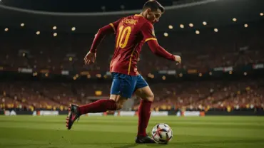 Spanish soccer player in red jersey attacking with ball under stadium lights at World Cup match