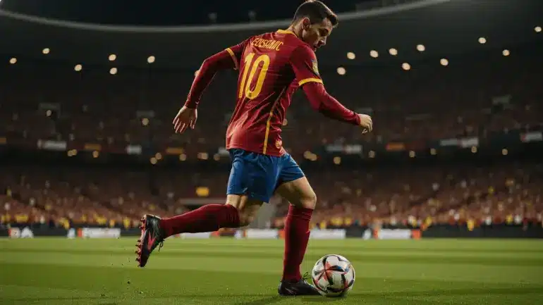 Spanish soccer player in red jersey attacking with ball under stadium lights at World Cup match