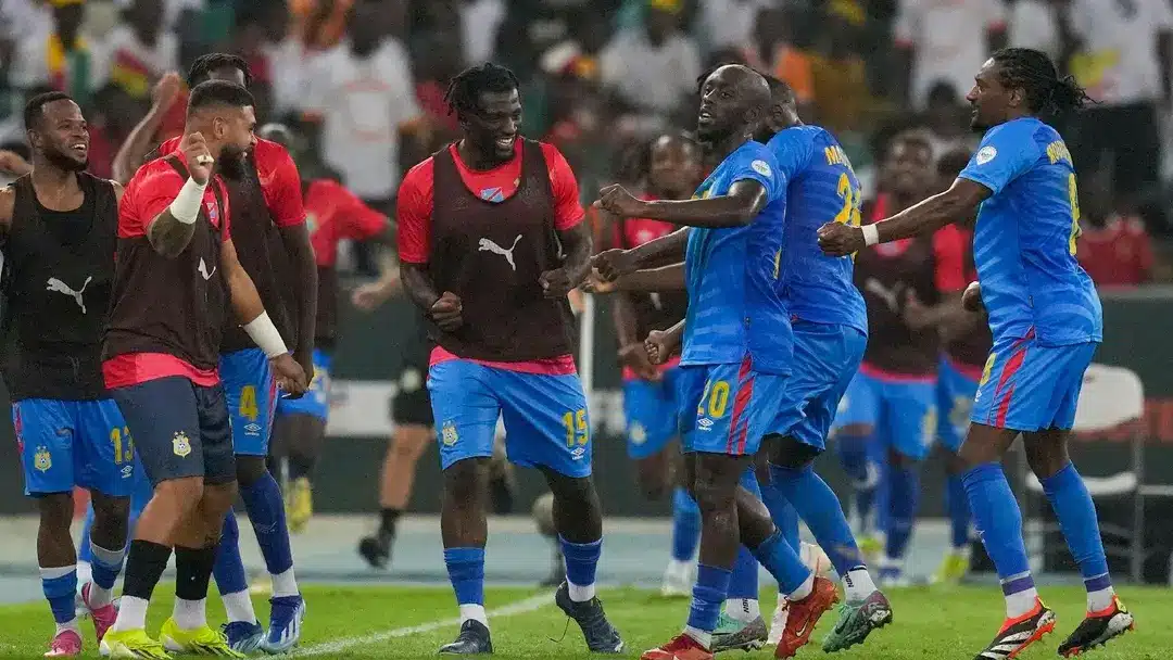 Democratic Republic of Congo football team players celebrating during a match.