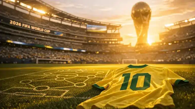 Brazil national team jersey at World Cup 2026 stadium with tactical formation on pitch