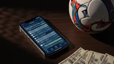 Smartphone showing sports betting parlay slip beside World Cup soccer ball and cash on dark table