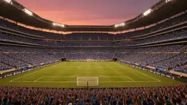 Soccer stadium packed with fans in blue and white for World Cup knockout match in Atlanta